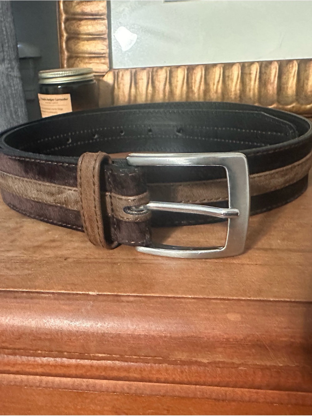 Men's Brown Two-Tone Suede Leather Belt with Silver Buckle